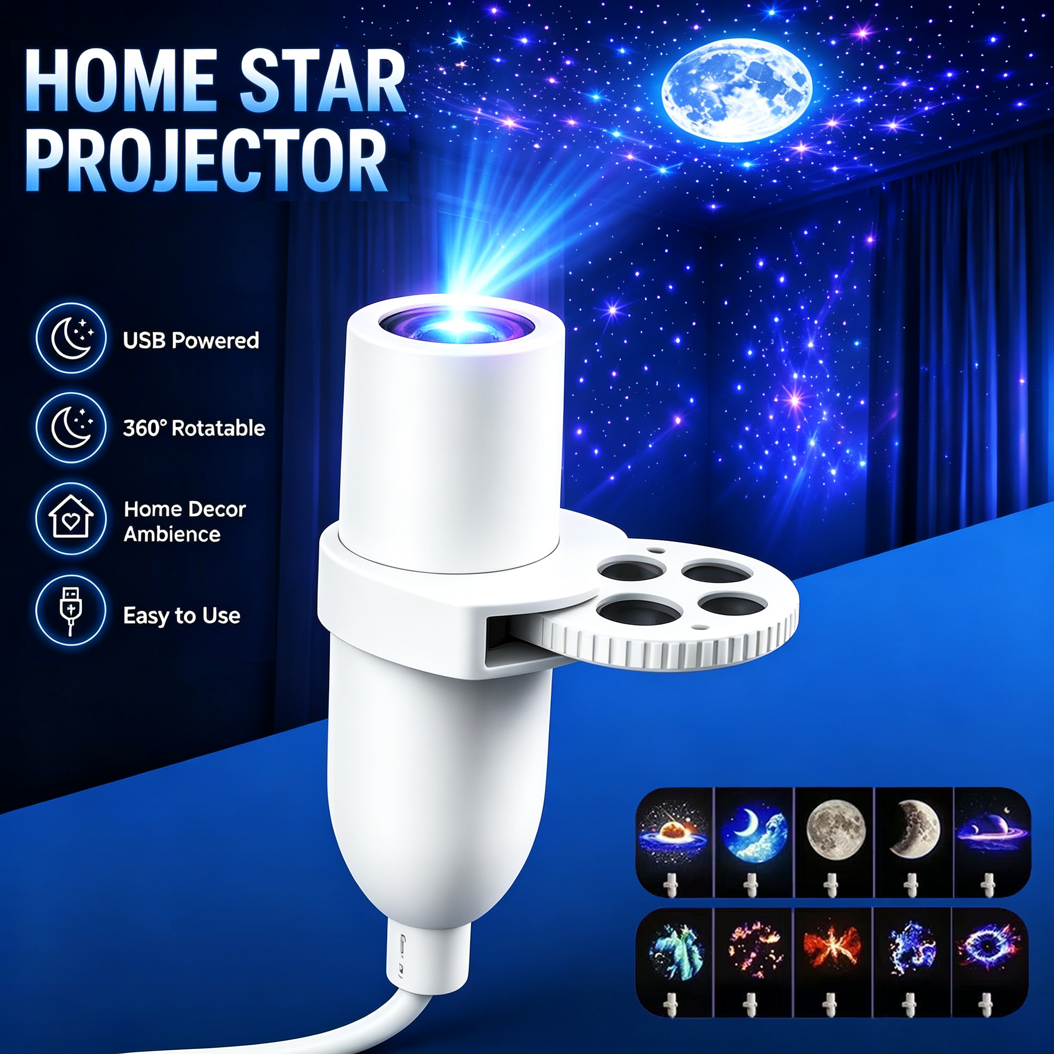 Galaxy Star Projector — 360° USB Night Light, Adjustable Galaxy Nebula Ambient Lamp